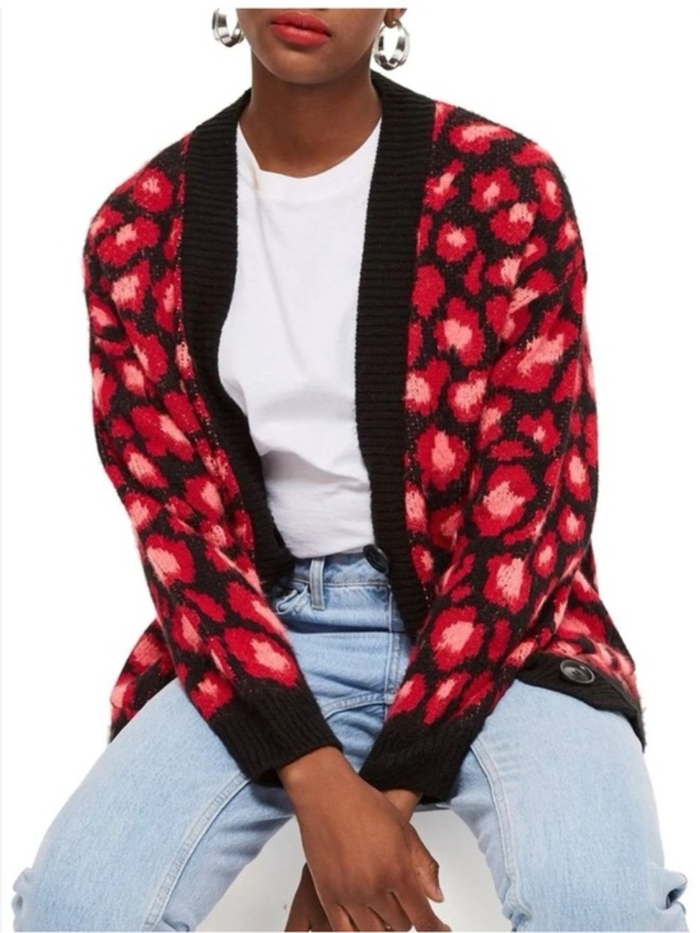 Topshop Bold Red Pink Leopard Animal Print Chunky Knit Cardigan